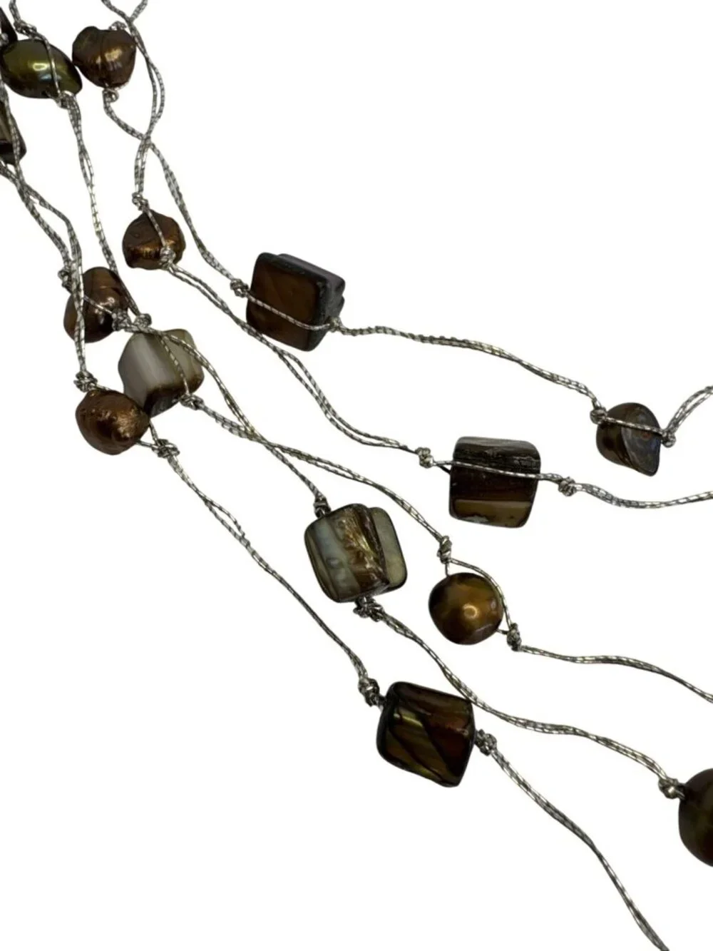 Brown Mother Of Pearl Beaded Multi Layer Silvertone Necklace